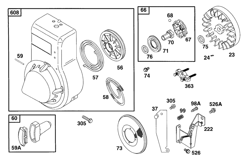 Blower Hsg, Rewind, Flywheel Diagram and Parts List for 83412-0105-04  Briggs and Stratton Engine